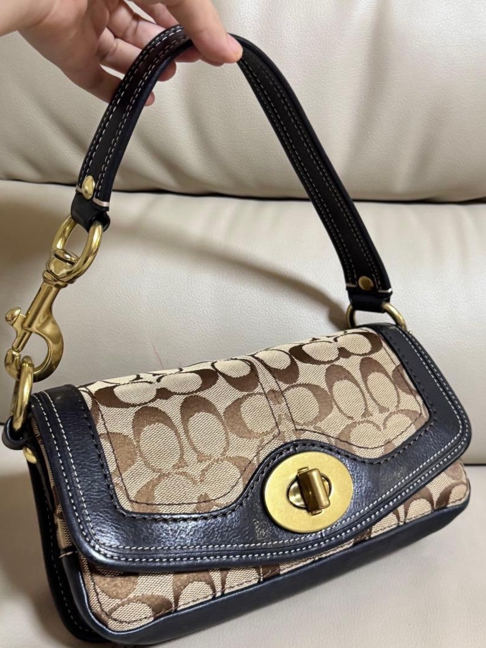 Coach Brown/Khaki Signature Legacy Canvas Shoulder Bag with Gold Hardware